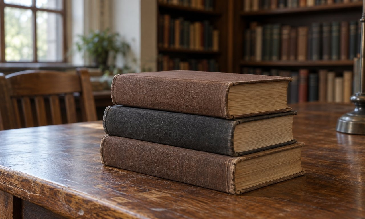 A stack of three plain bound books on a wooden library table