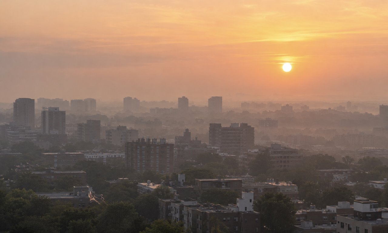 Layers of ordinary city buildings receding into warm sunrise haze