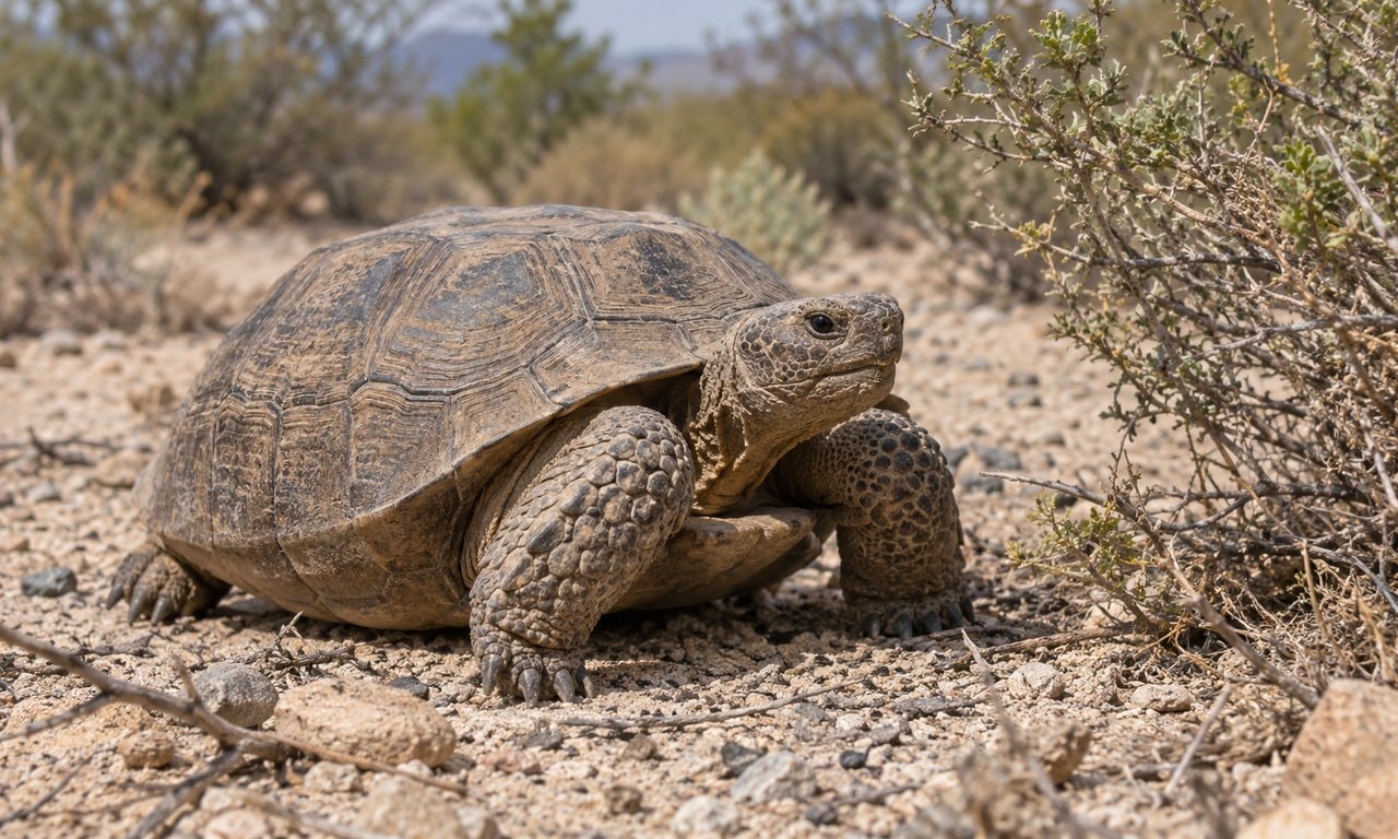 A brown tortoise on sandy, stony ground beside desert scrub