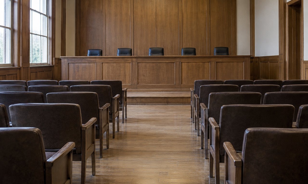 Rows of empty chairs facing a plain wooden dais in a wood-paneled room