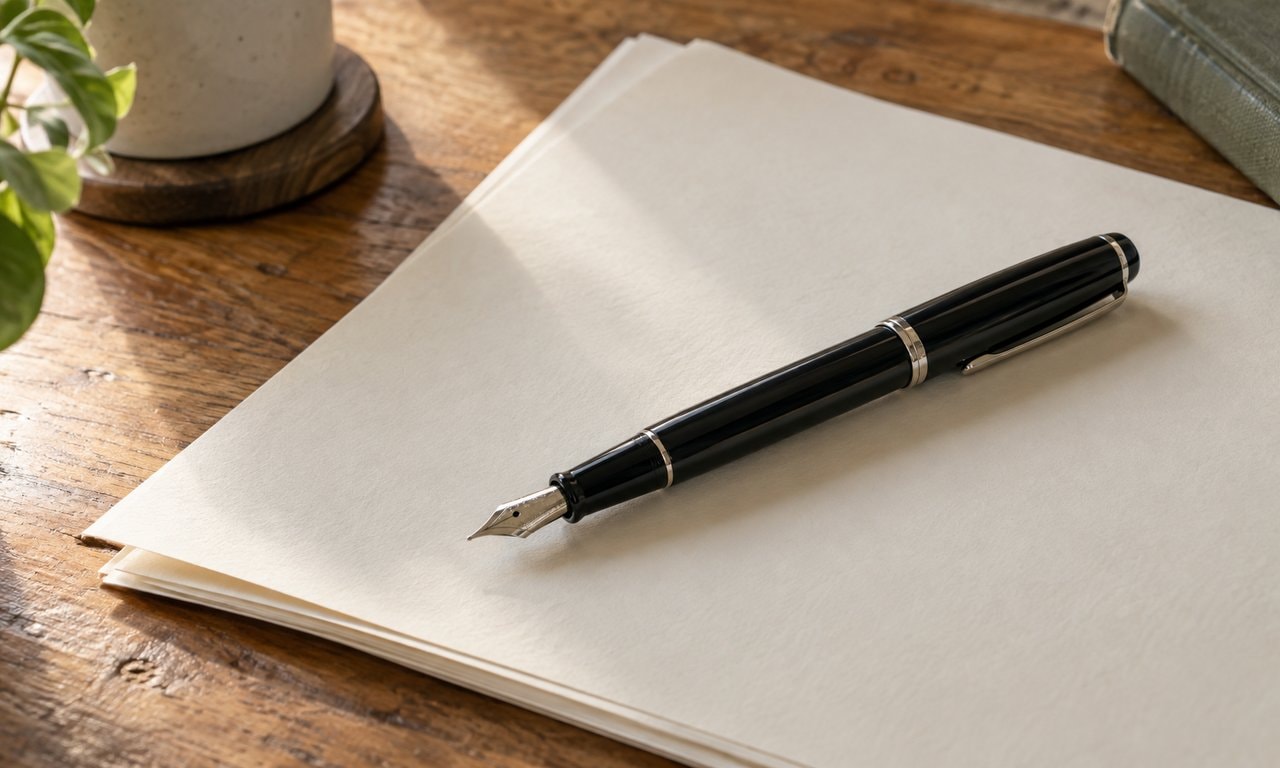 A black fountain pen resting diagonally on blank cream paper
