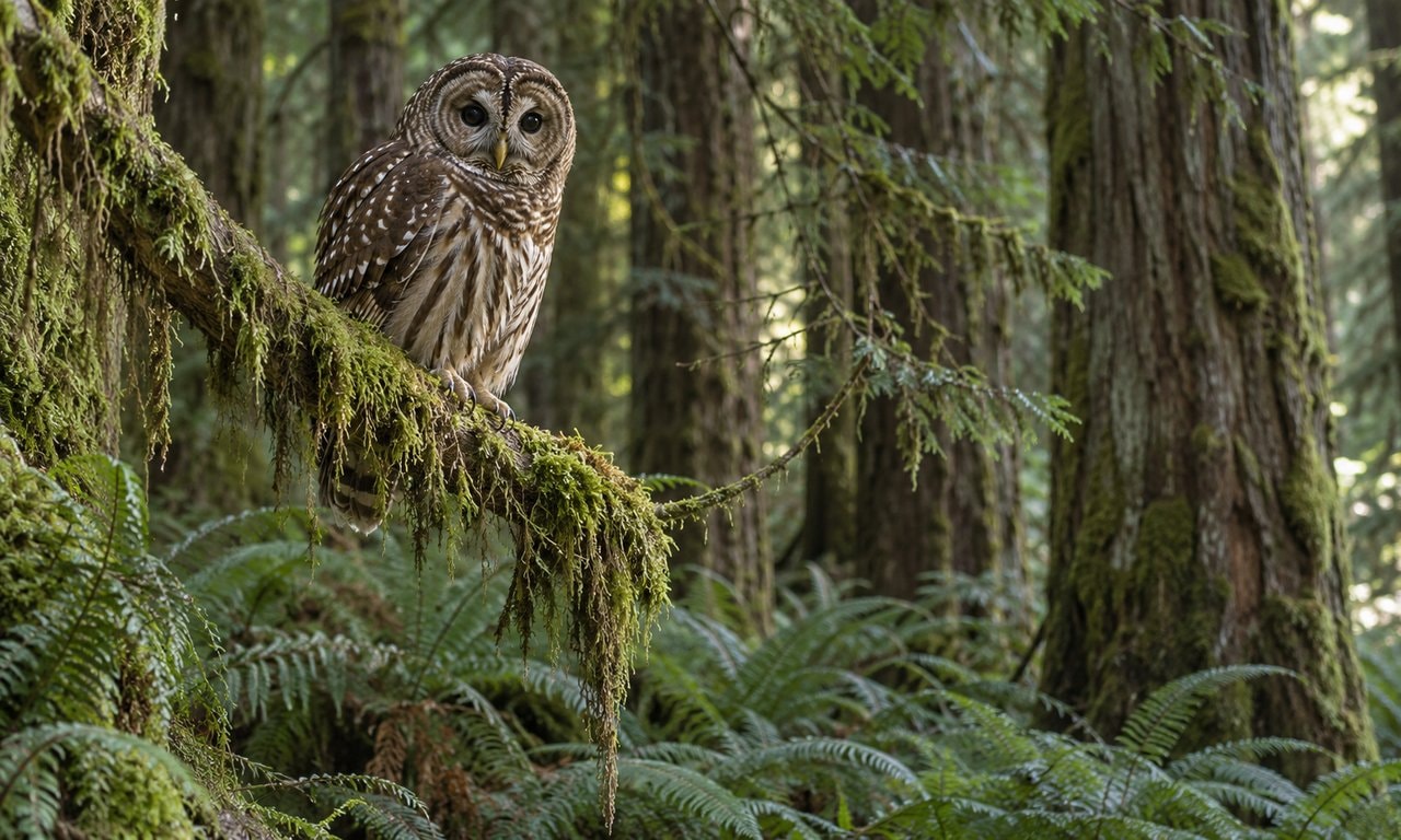 A brown owl perched on a mossy branch among tall forest trunks