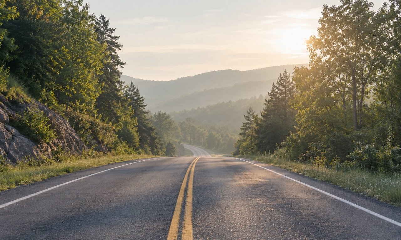 An empty highway between trees receding into sunlight and pale haze