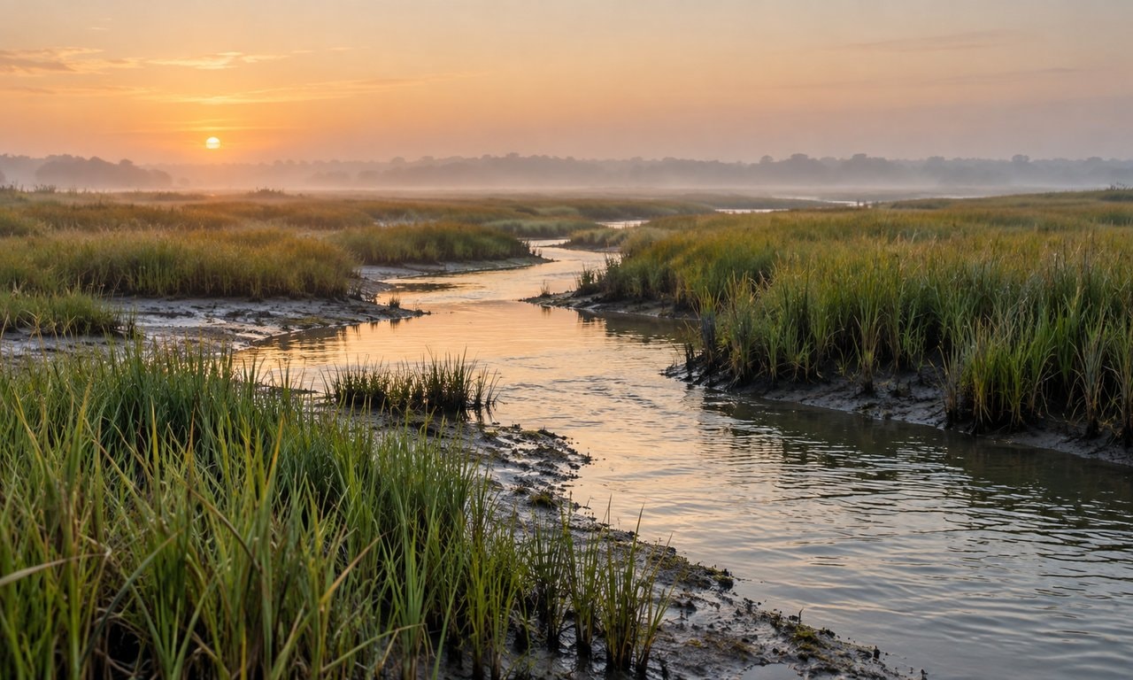 A winding tidal channel between marsh grasses under a warm dawn sky