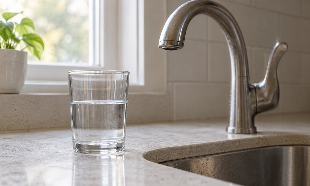 A glass partly filled with water on a pale counter beside a curved metal faucet