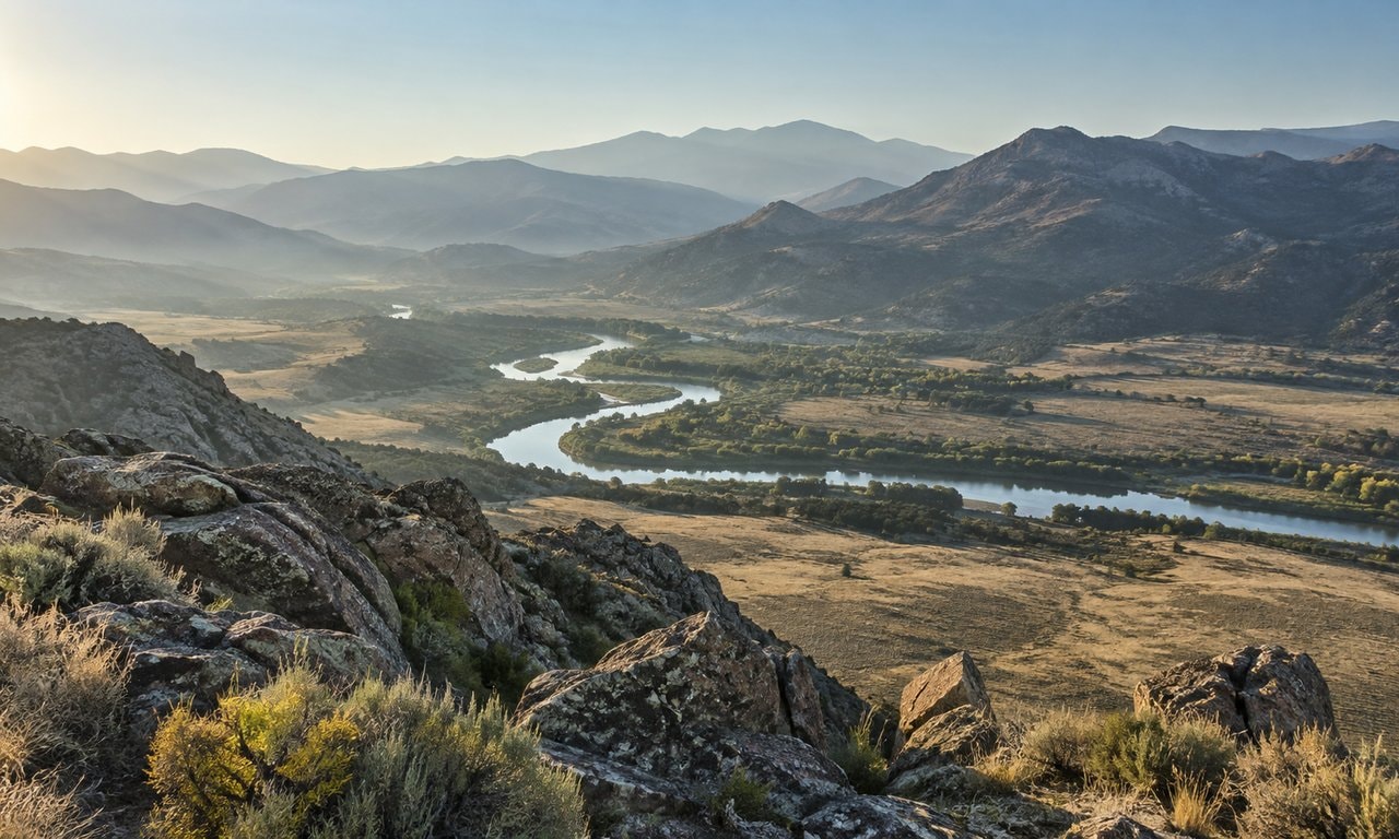 A winding river valley and layered mountain ranges seen from a high ridge