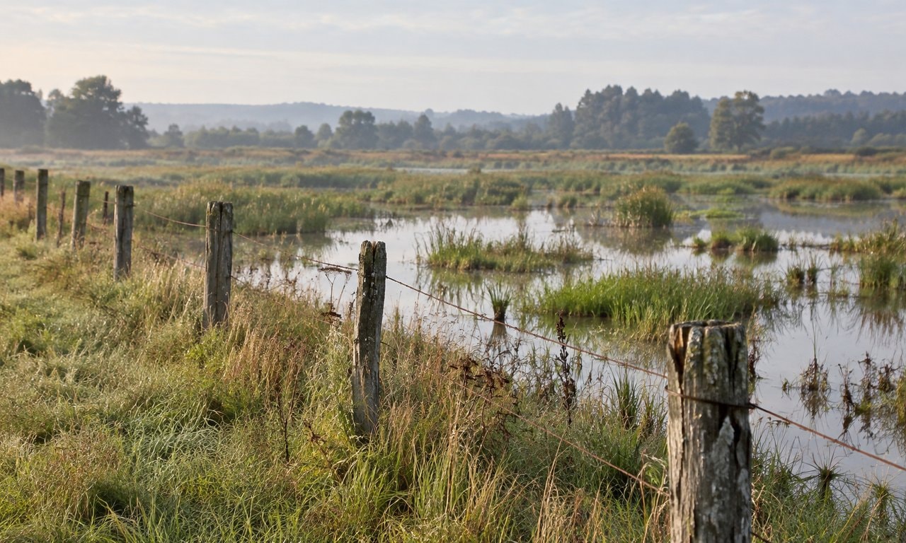 Weathered wooden posts and wire beside a grassy meadow with wetland pools